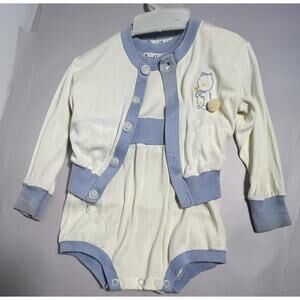 Vintage Baby 2 Piece Outfit Scout-Tex 1950s Blue White embroidered Squirrel